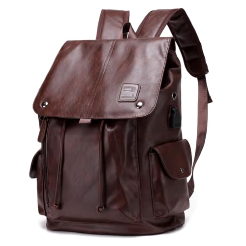 Soft leather backpack, casual PU backpack men women. USB charging port. Suitable for work, commuting, traveling, etc. Waterproof. (Brown) - color: Brown