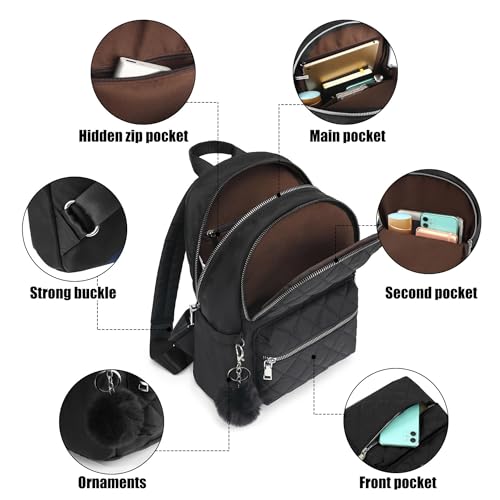 TANTOMI Mini Backpack Purse for Women Lightweight Small Backpack Purse Travel bookbag with Pom - color: Black