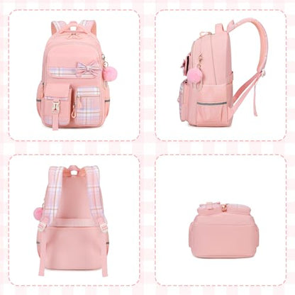 MOONBABY Girls Backpack, Kids Backpack for Girls School Bags with Pen Case, Bow Plaid Book Bag for Elementary Middle Primary High School College, Pink-2pcs - color: Pink