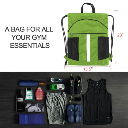BeeGreen Drawstring Backpack Bag with Shoe Compartment, X-Large Black Gym Sports String Cinch Backpack - color: Lime