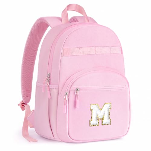YOOLIFE Initial Kids School Backpack for Girls Toddler, Personalized Kindergarten Backpack for Kids Girls Bookbag, Birthday Gifts for 3 4 5 6 7 8 9 10 11 Year Old Girl Kid Daughter Sister, Pink (M) - color: Pink, size: letter M