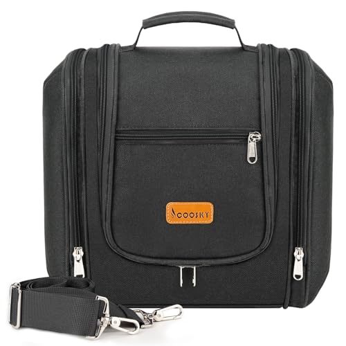 COOSKY Hanging Travel Toiletry Bag for Women and Men, 6 Organizer Compartments, Large Toiletries essentials, Bathroom Cosmetic Accessories, Water-resistant Makeup Bag, Holds Full-Size Shampoo, Black - color: F - BLACK, size: Large