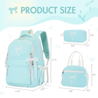 Kids Backpack for Girls - 3PCS Cute Embroidered Bow Girls Backpack with Insulated Lunch Bag & Pencil Case - Bookbag for Teen Women Middle High School College Work Travel Daypack - color: Mint
