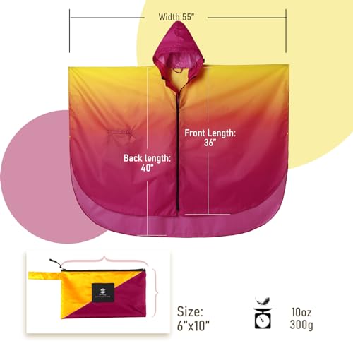 SaphiRose Unisex Rain Poncho Waterproof Raincoat Hooded for Adults Women with Pockets - color: Gradient Yellow-rose Red