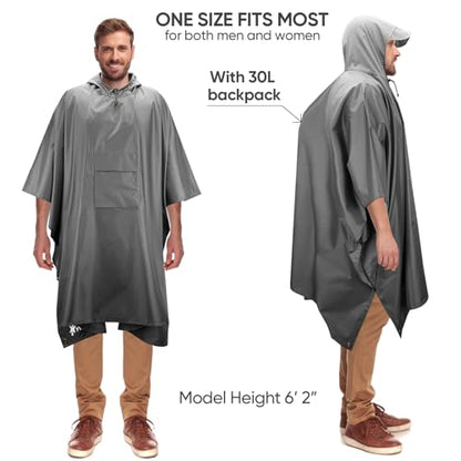 PTEROMY 3-in-1 Hooded Rain Poncho for Adult with Pocket, Waterproof Lightweight Unisex Raincoat for Hiking Camping Emergency - color: Grey