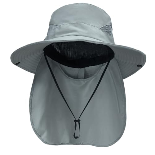 NPQQUAN Sun Hats for Men Women with Neck Flap UPF 50+ UV Protection Wide Brim Bucket Hat Safari Hiking Fishing Hats - color: Grey（neck Flap）