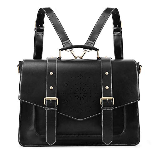ECOSUSI Backpack for Women Briefcase Messenger Laptop Bag Vegan Leather Satchel Work Bags Fits 15.6 inch Laptops, Black - color: 4-black-l