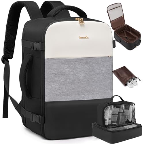 LOVEVOOK Travel Backpack for Women,40L Carry On Backpack Flight Approved with 3 Packing Cubes,TSA Personal Item Travel Bag Fits 17.3” Laptop,Weekender Hiking Business Luggage Daypack Beige Grey Black - color: Beige-grey-black