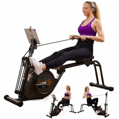 Rowing Machine for Home, 3 in 1 Magnetic Rower with 6-Level Height Adjustable, LCD Monitor & Phone Holder, APP Compatible, Folding Design, 350LBS Weight Capacity for Full-Body Workout