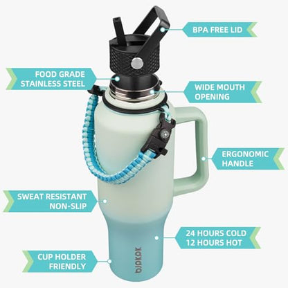 BJPKPK Insulated Water Bottles with Straw Lid, 35oz Metal Water Bottle with 2 lids & Paracord Strap, Double Wall Stainless Steel Tumbler with Handle, Reusable Cups, Mugs, Thermo, Mint - color: Mint, style: 35oz-Side Handle