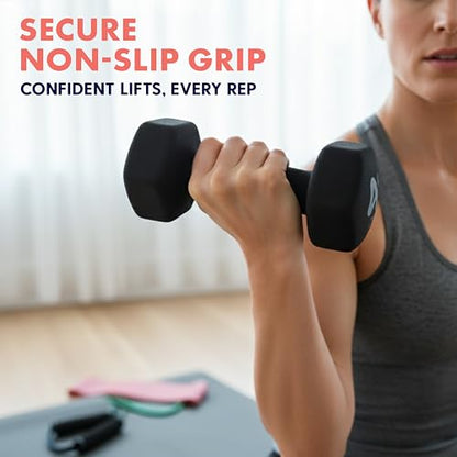 SQUATZ Dumbbell Weights Set with Stand, 32lbs Neoprene Coated Weights in Color Gray, Black, and Orange, Hex Shape Anti Slip and Roll Dumbbells for Exercise, Training, Fitness, Yoga - color: Black