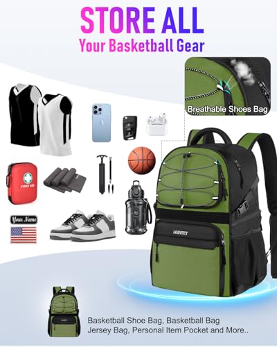 LOINTET Basketball Bag Backpack with Ball Holder Shoes Compartment, Large Basketball Accessories Sports Bag - color: Dark Green