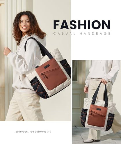 LOVEVOOK Tote Bag for Women, puffer tote bag for Work Travel Nurse, Lightweight quilted Bags with Compartments - color: M-15.6 Inch-cream-brown-black Drawstring