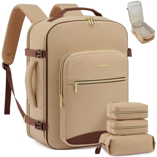 LOVEVOOK 50L Travel Backpack Flight Approved Carry on Backpack,3 Packing Cubes,Waterproof Personal Item Travel Bag,TSA Carry on Luggage Suitcase Travel Essentials,Gifts for Women & Men,fits 18" Laptop - color: Beige - Chestnut Brown, size: X-Large-50L-4Pc