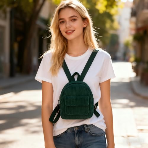 Mini Women's Backpacks, Corduroy Stylish Women Backpack for Dating, Traveling, Camping, Working, Shopping, Backpacks for Women(Dark green) - color: Dark Green