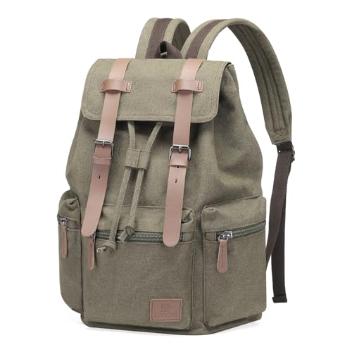 DTGN Vintage Canvas Backpack for Men & Women, Durable Casual Daypack with Leather Accent, Fits for College, Work, Travel, & Outdoor, Green - color: Green