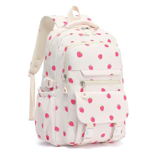 High Middle School Backpack for Girls Travel Kawaii Laptop Kids Bookbag, Strawberry Beige - color: Beige Strawberry