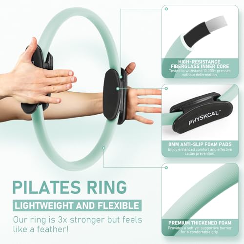 PhysKcal Pilates Kit, 15-Inch Pilates Ring with 1x Core Ball, 3X Resistant Loops and 2X Flex Bands, Home Pilates Equipment Set and Mat Pilates Essential Kit - color: Soft Mint