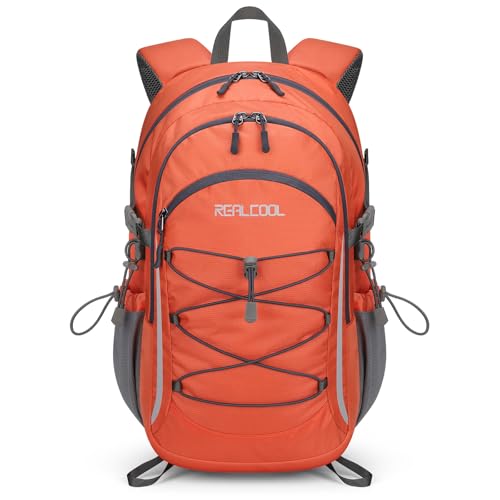 RealCool 20L Lightweight Hiking Backpack, Waterproof Daypack for Camping | 210D tear-resistant nylon, breathable shoulder and back panel, Multi-Compartment,hydration system,reflective strip,bungee net - color: Orange, size: 20L