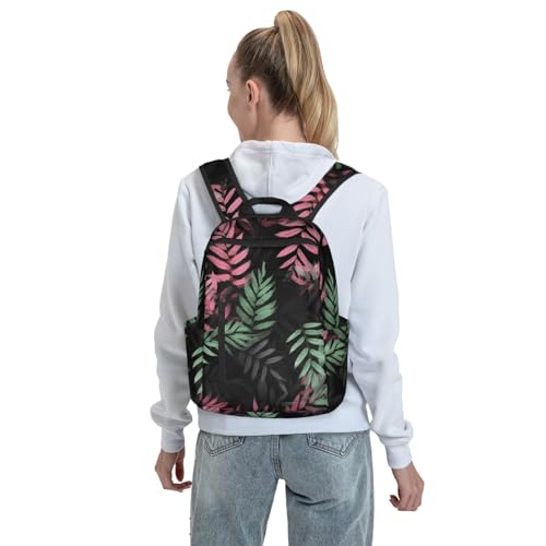 Black pink green leaves Travel Backpack for Men & Women 14 inch Laptop Backpack Waterproof Work Back Pack - color: Black Pink Green Leaves