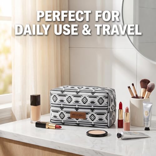 Montana West X Wrangler Travel Makeup Bag Waterproof Cosmetic Bag Portable Makeup Pouch for Women Large Toiletry Bag - color: Black
