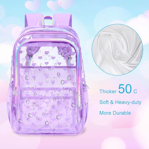 gxtvo 3PCS Clear Bookbag Heavy-Duty Set for Women & Teen Girls, 17" Purple Transparent Backpack with Rainbow Strap, Cute Love See Through School Bag - color: Purple Love Accents Clear Backpack Set