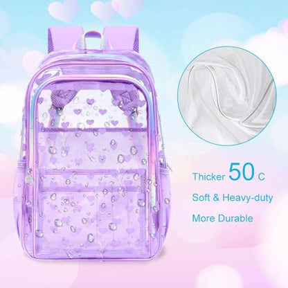 gxtvo 3PCS Clear Bookbag Heavy-Duty Set for Women & Teen Girls, 17" Purple Transparent Backpack with Rainbow Strap, Cute Love See Through School Bag - color: Purple Love Accents Clear Backpack Set