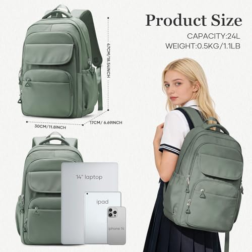 Cute School Backpack for Teens Girls Boys Waterproof School Bag Basic Backpack for College Students Multi Pocket Backpack Lightweight Casual Daypack Backpacks for Women Men（Green） - color: Green