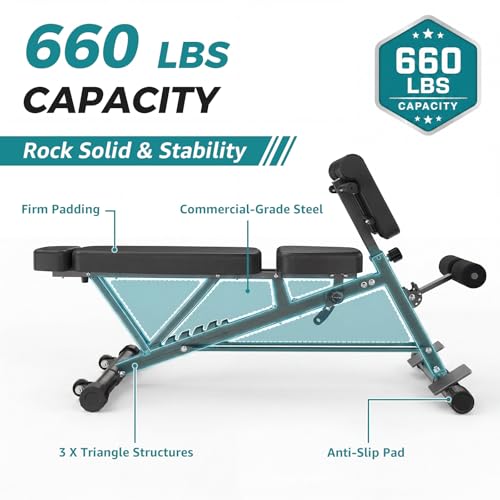 OLIXIS Adjustable Weight Bench, 660 LBS Foldable Workout Bench Press | Heavy Duty Chest Press Machine with Hyper Back Extension & 2 Wheels, for Flat Incline Decline Sit Up for Home Gym - color: Classic Black
