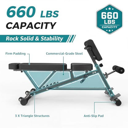 OLIXIS Adjustable Weight Bench, 660 LBS Foldable Workout Bench Press | Heavy Duty Chest Press Machine with Hyper Back Extension & 2 Wheels, for Flat Incline Decline Sit Up for Home Gym - color: Classic Black
