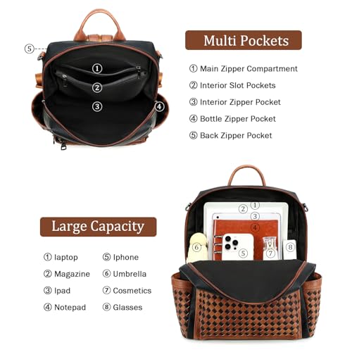 AGLOD Leather Backpack Purse for Women Designer Ladies Shoulder Bag Fashion Faux Work Travel Handbags - color: Woven Black-brown