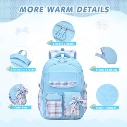 GeeWin School Backpack for Girls, Bookbags Back Pack School Bag for Teen Girl Elementary Middle School Student, Cute Stylish Plaid Girls Backpack with Matching Insulated Lunch Bag & Pencil Bag (Blue) - color: Blue