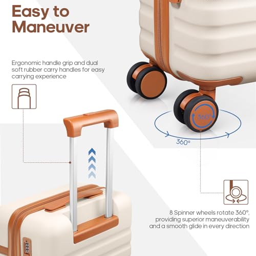 UKEIN Luggage Sets 3 Piece, PC Hardside Large Luggage 24Inch With Spinner Wheels with TSA Lock, Carry On Suitcase Set With Travel Backpack for Men (Beige, 3 piece set (24inch)) - color: Beige, size: 3 piece set (24inch)