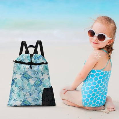 Sea Turtle Drawstring Backpack, 15” x 17” Waterproof Swim Bag for Beach Swimming Pool, Lightweight Foldable Gym Bag with Water Bottle Holder for Sports Travel - color: Sea Turtle