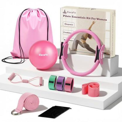 Home Pilates Ring and Ball Set for Women with 5 Resistance Bands 13 inch Magic Circle Workout Starter Kit for Beginners Full Body Toning 15 Min Daily Routine - color: Pink Mix