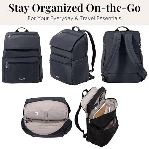 Baggallini Flap Laptop Backpack - 15"x11" Lightweight Work Travel Bag w/Luggage Sleeve & RFID - color: French Navy