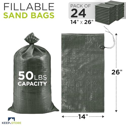 Heavy Duty Sand Bags Pack of 24, Army Green Empty Sandbags with Built-In Ties, Woven Polypropylene UV Protection 1600 Hours, Fillable Bags for Flood Control, Weight, 14x26 inches, 50 Pounds Volume - size: 14"W x 26"L, style: Pack of 24