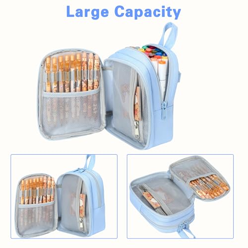 Large Capacity Kids Backpack Pencil Case Pen Bag with Clear Pocket, Cute Kawaii Pen Pouch Organizer with Adjustable Strap & Plush Doll Keychain for School Girls Boys (Blue) - color: Blue