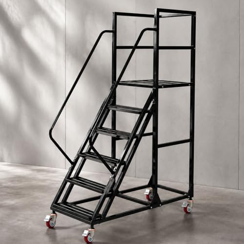 6-Step Rolling Warehouse Step Ladder, Lockable Wheels, Non-Slip Wide Steps, Dual Handrails, Movable Platform Ladder, Rolling Stairs for Warehouse, Supermarket, Library (Black, 6 Steps) - color: Black, size: 6 steps