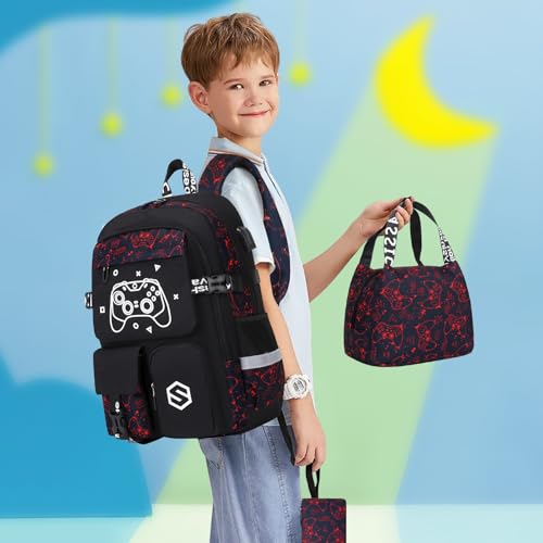 Scothen Boys Backpack, Cool Luminous School Backpacks for Boys with Lunch Bag Pencil Case, Kids Backpack Kindergarten Elementary Middle School Book Bags for Teen Boy Children with USB Charging Port - color: Red Pattern