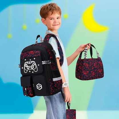 Scothen Boys Backpack, Cool Luminous School Backpacks for Boys with Lunch Bag Pencil Case, Kids Backpack Kindergarten Elementary Middle School Book Bags for Teen Boy Children with USB Charging Port - color: Red Pattern