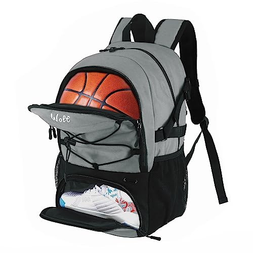 WOLT Basketball Backpack Large Sports Bag with Separate Ball Holder & Shoes Compartment, Best for Basketball, Soccer,Gym - color: LightGrey