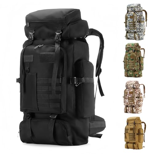 Hiking Backpack Tactical Backpack for Men Women, 80L Military Backpack Rucksack Waterproof Large Travel Camping Backpack for Men, Molle Rucksack Outdoor Sport Travel Cycling Daypack (Black) - color: Black