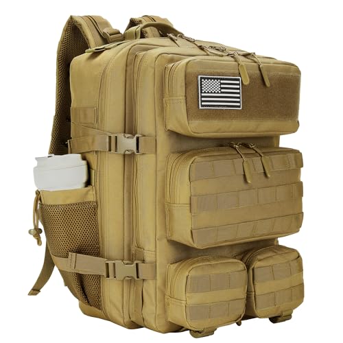 55L Tactical Backpack Heavy Duty Military Rucksack Molle Backpack 3 Day Assault Pack for Work Outdoors - color: Khaki