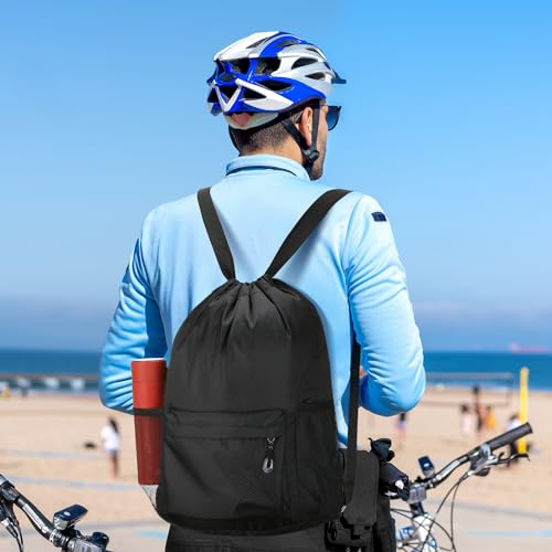 Waterproof Drawstring Bag, Lightweight String Backpack with Water Bottle Holder and Pockets, Gym Sports Cinch Sackpack (Black) - color: Black