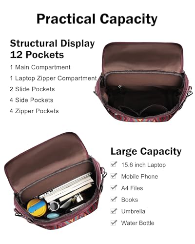 FADEON Laptop Backpack for Women Leather Travel Backpack with Laptop Compartment, Designer PU Shoulder Laptop Bag Red - color: Wine Red Retro Style