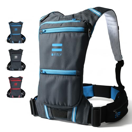 FITLY Minimalist Running Pack - Fitness Backpack Phone Holder, Storage, Thoracic Belt - Carry Personal Items - Running Gear for Men & Women - Lightweight Hydration Water Backpack - color: Emerald Blue, size: M-L-XL
