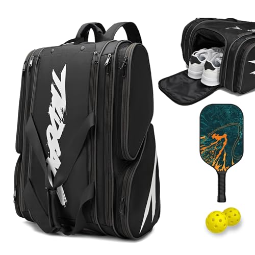 TILDOSAC Pickleball Bag - Large Paddle Bag for 4 Paddles & Accessories - Fence Hook, Extra Pockets, Shoe Compartment - color: Deep Black