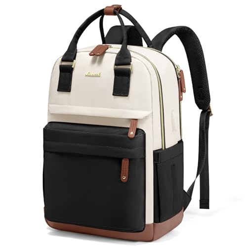 LOVEVOOK Travel Laptop Backpack Women, 15.6 Inch Anti-theft Laptop Bag with USB Port, Fashion Waterproof Computer Backpacks Teacher Nurse Backpack Purse for College School Work - color: Beige-black, size: 15.6 Inch