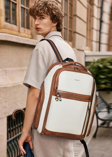 Shrrie Leather Backpack for Women, 17 Inch TSA Travel Backpack with USB Charger, 48L Expandable Large Capacity Computer Backpack Purse for Work Business Travel, Beige - color: Beige With Brown